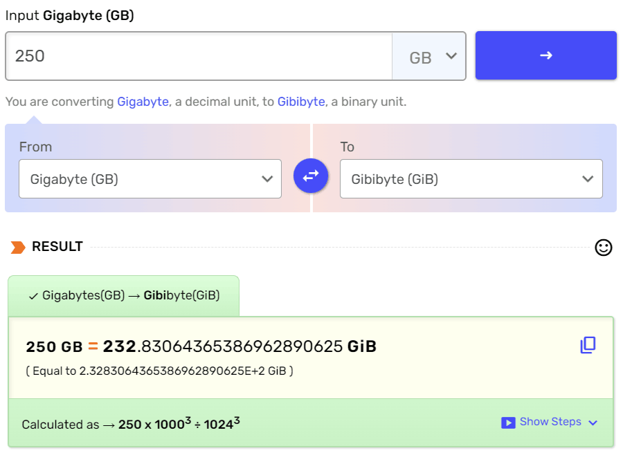 DataUnitConverter converting 25Gigabyte to Gibibyte.